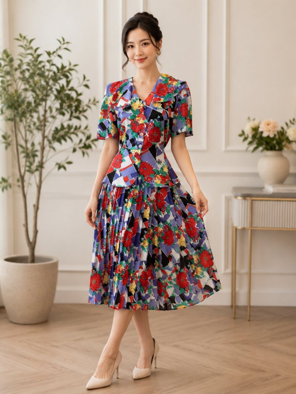 Vintage LESLIE BELLE Peplum Top & Pleated Skirt Set | Floral Geometric Print 7/8